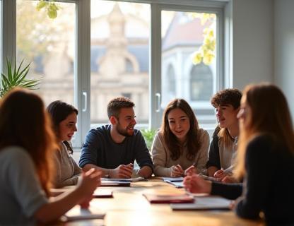 Diverse group of learners interacting in a bright LinguaBridge UK classroom in London